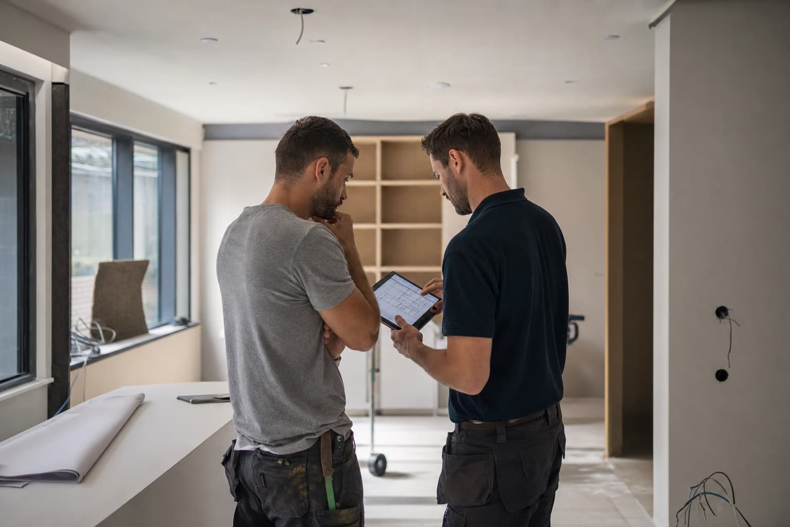 Specialists coordinating delivery on a fit-out site